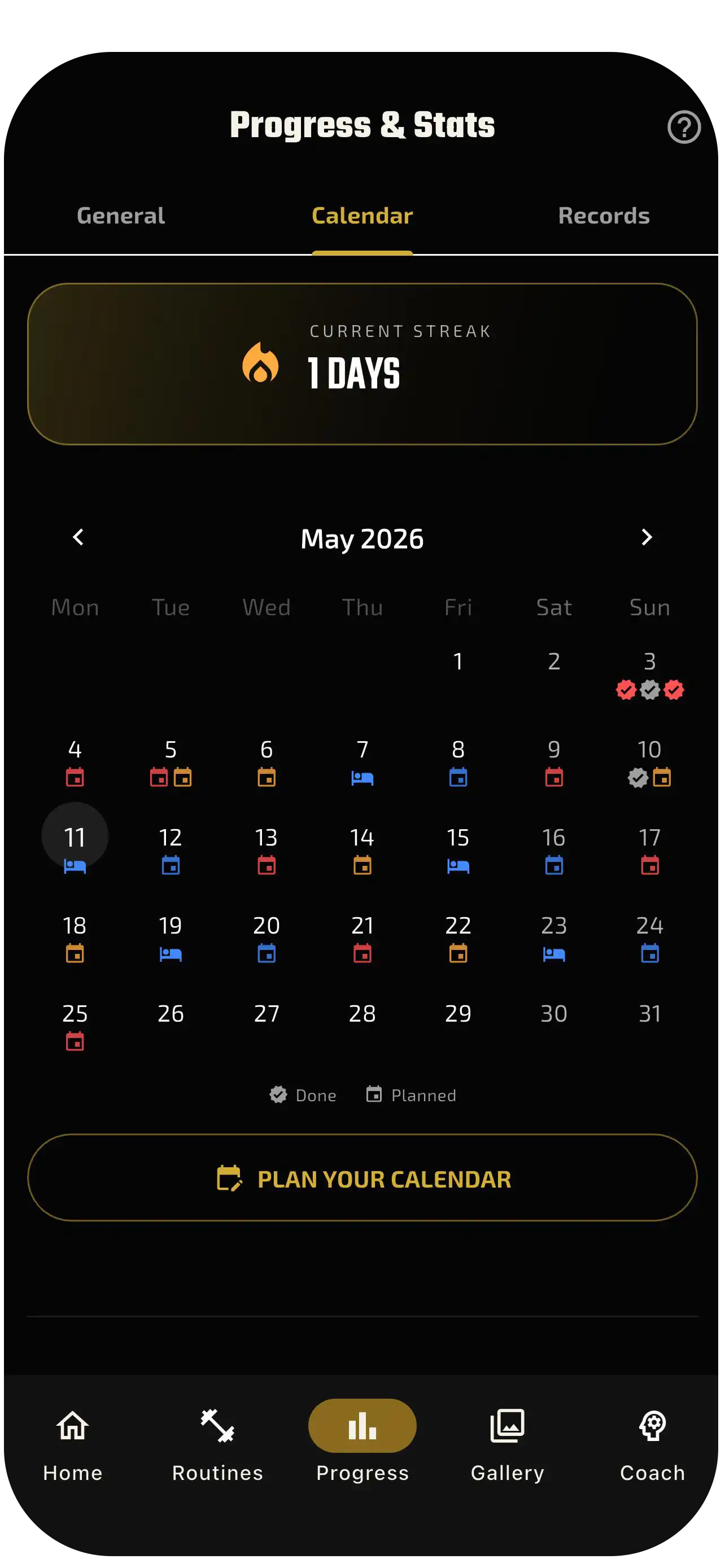 Phibidi workout calendar interface